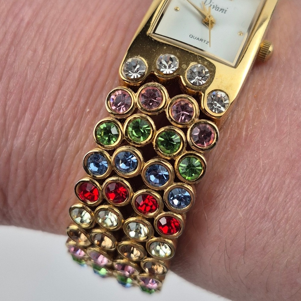 Vivani Rhinestone Cuff Watch Gold Tone Multicolor Japan Movt Vtg Needs Battery - Picture 3 of 11